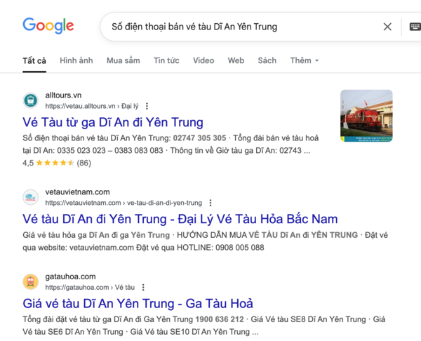 Tìm tên và thông tin, số điện thoại đại lý uy tín bán vé tàu Dĩ An Yên Trung trên Google