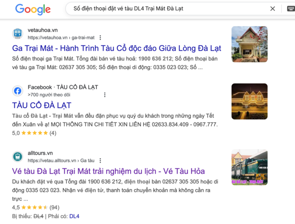 Tìm tên và thông tin, số điện thoại đại lý uy tín bán vé tàu DL4 trên Google
