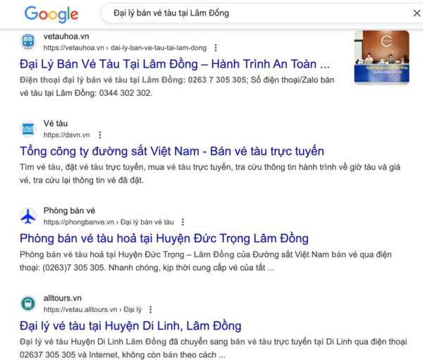 Tìm tên và thông tin, số điện thoại đại lý uy tín bán vé tàu DL8 trên Google