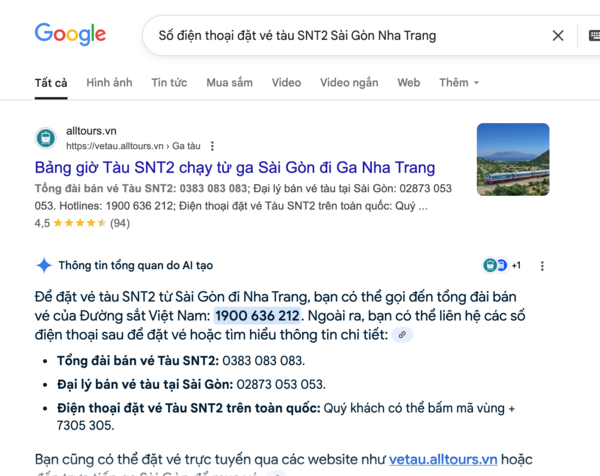 Tìm tên và thông tin, số điện thoại đại lý uy tín bán vé tàu SNT2 trên Google