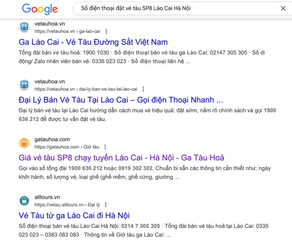 Tìm tên và thông tin, số điện thoại đại lý uy tín bán vé tàu SP8 trên Google