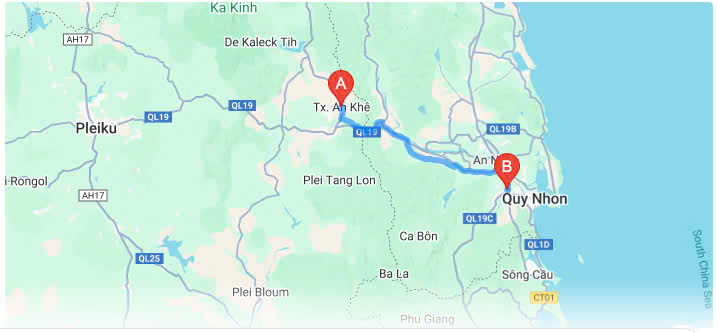 Đường lái xe ô từ thị xa An Khê Gia lai tới ga Diêu Trì, Bình Định