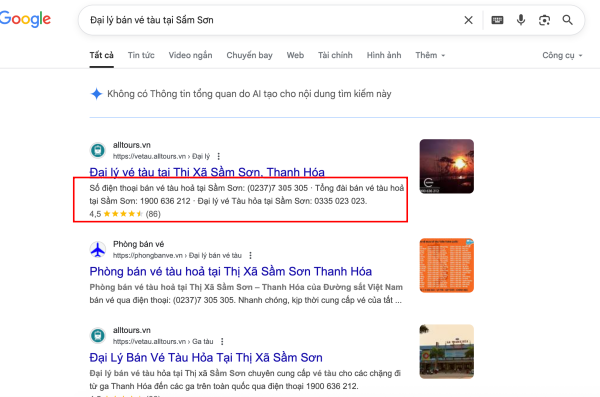 Đại lý bán vé tàu uy tín sẽ hiển thị lên đầu kết quả tìm kiếm