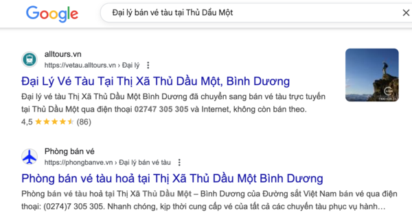 Hành khách tìm tên, thông tin liên hệ của đại lý bằng cách gõ tìm kiếm trên google cụm từ "Đại lý bán vé tàu tại Thủ Dầu Một"