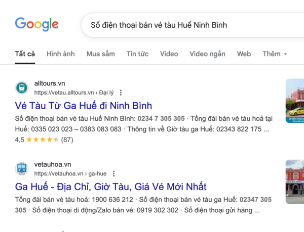 Tìm tên và thông tin, số điện thoại đại lý uy tín bán vé tàu Huế Ninh Bình trên Google