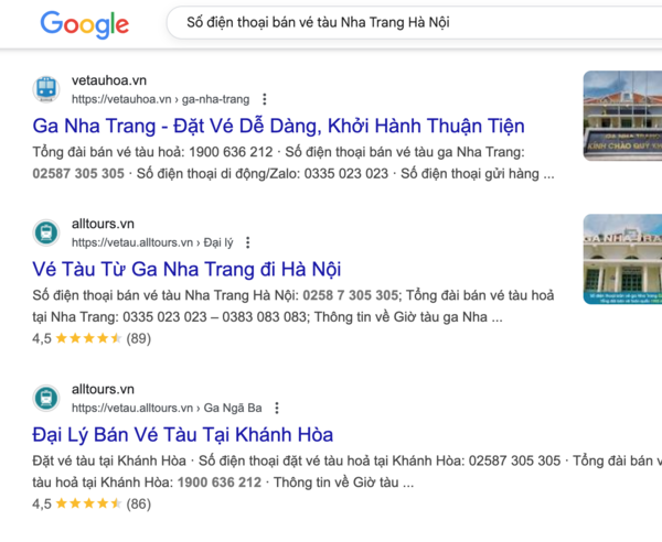 Tìm tên và thông tin, số điện thoại đại lý uy tín bán vé tàu Nha Trang Hà Nội trên Google