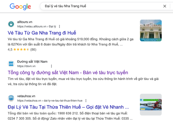 Tìm tên và thông tin, số điện thoại đại lý uy tín bán vé tàu Nha Trang Huế trên Google