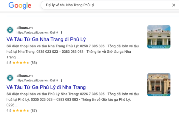 Tìm tên và thông tin, số điện thoại đại lý uy tín bán vé tàu Nha Trang Phủ Lý trên Google
