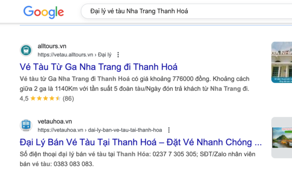 Tìm tên và thông tin, số điện thoại đại lý uy tín bán vé tàu Nha Trang Thanh Hoá trên Google