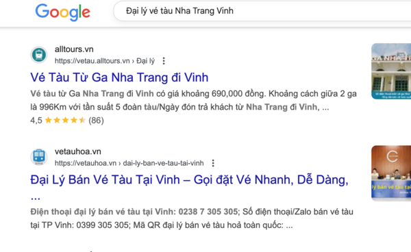 Tìm tên và thông tin, số điện thoại đại lý uy tín bán vé tàu Nha Trang Vinh trên Google